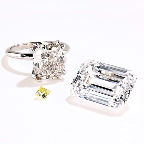 MiaDonna’s 0.25 carat princess cut grown diamond from 2006, 6.28 carat cushion cut from 2016, and new 21.06 carat emerald cut from 2024.