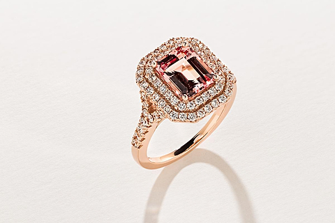 MiaDonna's Novia Rose Gold Engagement ring with diamond halo accents and a pink champagne sapphire center stone 