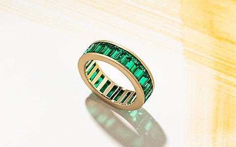 custom gold wedding band set with lab created emeralds