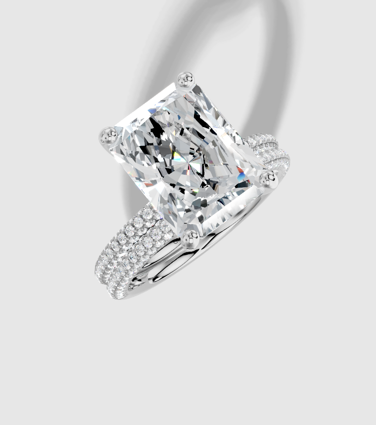 4.43 ctw Radiant Cut Lab Grown Diamond 3 Sided Micro Classic Hidden Halo Engagement Ring in 18K Gold and 0.40 ctw Matching Band