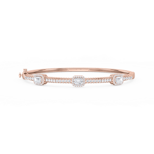 2 ¼ ctw Emerald and Round Lab Grown Diamond Halo Station Bangle Bracelet  - 7.25 Inches