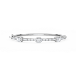 2 ¼ ctw Emerald and Round Lab Grown Diamond Halo Station Bangle Bracelet  - 7.25 Inches