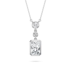 2 ¼ ctw Radiant and Round Lab-Grown Diamond Bezel Set Three Stone Pendant – 16–18 inches