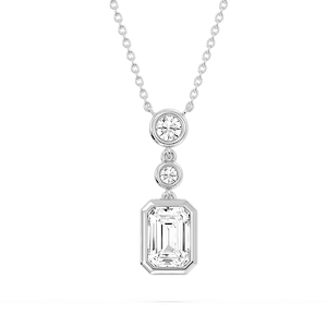2 ¼ ctw Emerald and Round Lab Grown Diamond Bezel Set Three Stone Pendant - 18 Inches