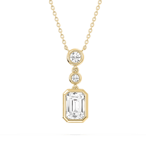 2 ¼ ctw Emerald and Round Lab Grown Diamond Bezel Set Three Stone Pendant - 18 Inches