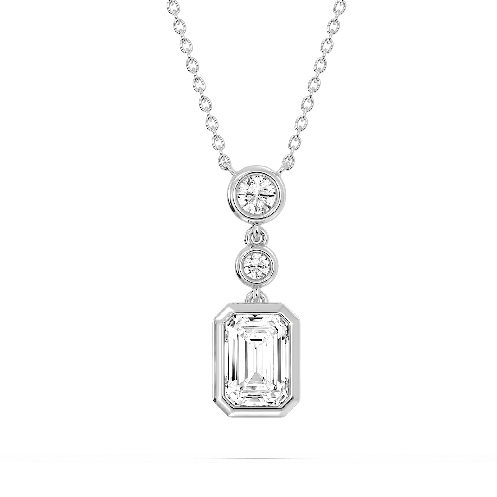 2 ¼ ctw Emerald and Round Lab Grown Diamond Bezel Set Three Stone Pendant - 18 Inches