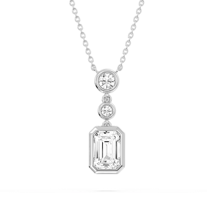 2 ¼ ctw Emerald and Round Lab Grown Diamond Bezel Set Three Stone Pendant - 18 Inches