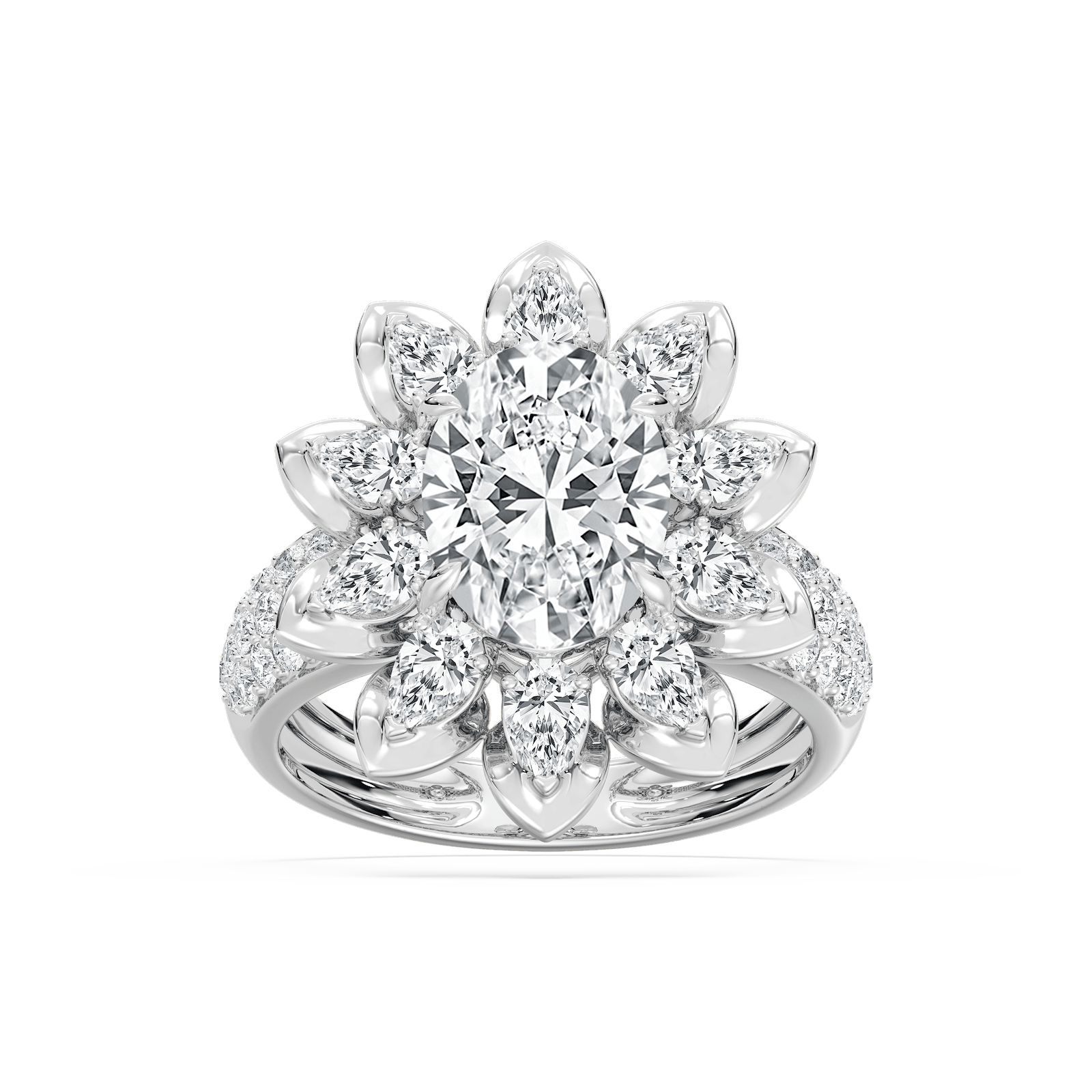 Daria 4 ¾ ctw Oval, Pear and Round Lab Grown Diamond Halo Engagement Ring
