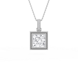 4 ctw Princess Lab Grown Diamond Vintage Milgrain Accented Pendant - 16-18 Inches