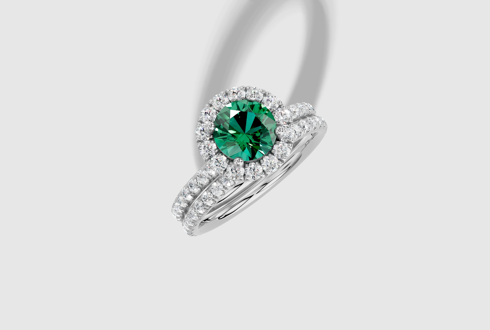 6.5 mm Round Cut Lab Grown Emerald Micro Prong Classic Halo Engagement Ring in 18K Gold and 0.35 ctw Matching Band