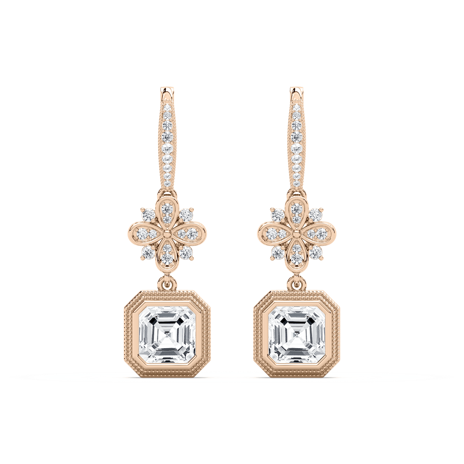 6 ²⁄₅ ctw Asscher and Round Lab Grown Diamond Vintage Floral Drop Earrings – Signature Collection