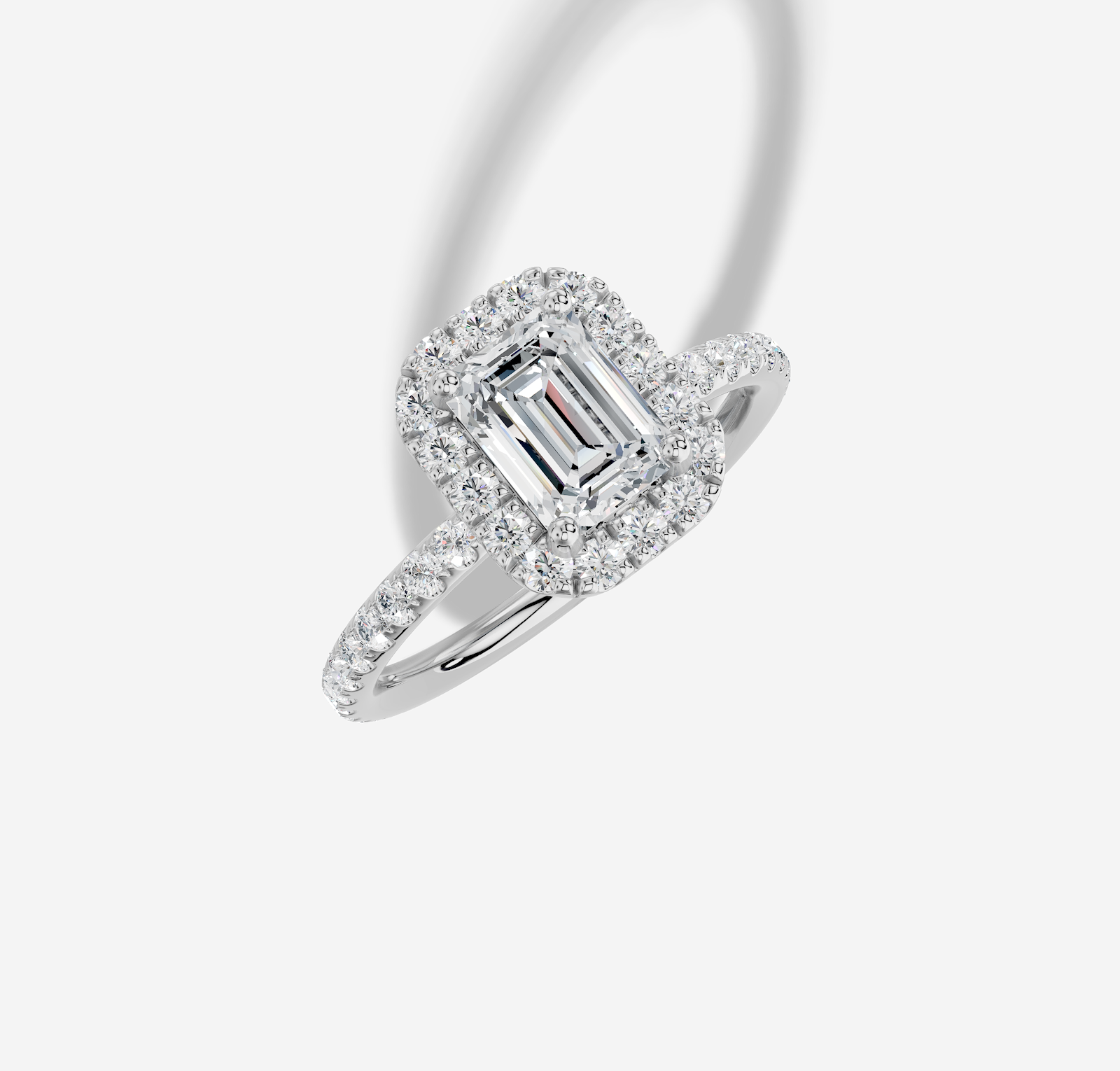 1.56 ctw Emerald Cut Lab Grown Diamond Micro Prong Classic Halo Engagement Ring in Platinum