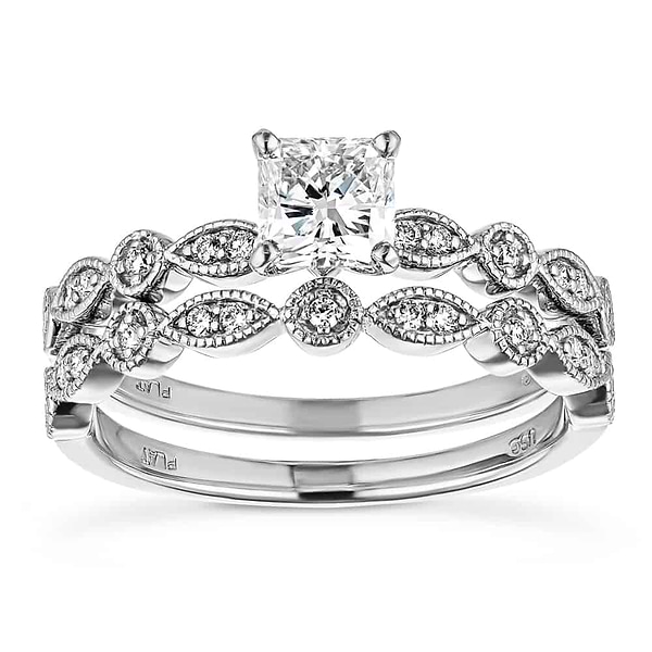 Wedding Set shown with a 1.0ct Princess Cut Lab Grown Diamond | antique Wedding Set shown with a 1.0ct Princess Cut Lab Grown Diamond
