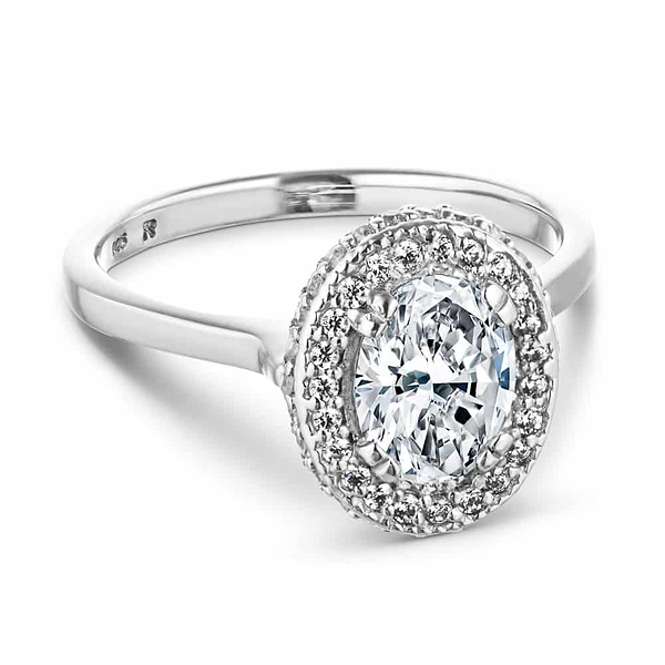 Shown with 1ct Oval Cut Lab Grown Diamond in 14k White Gold|Antique style diamond accented halo engagement ring with 1ct oval cut lab grown diamond in 14k white gold