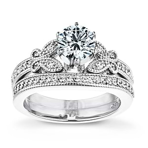  antique butterfly milgrain wedding set Shown with a 1.0ct Round cut Lab-Grown Diamond with milgrain detail and recycled diamonds in recycled 14K white gold