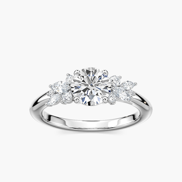 Clover Round Lab Grown Diamond Flower Petal Side Stone Engagement Ring