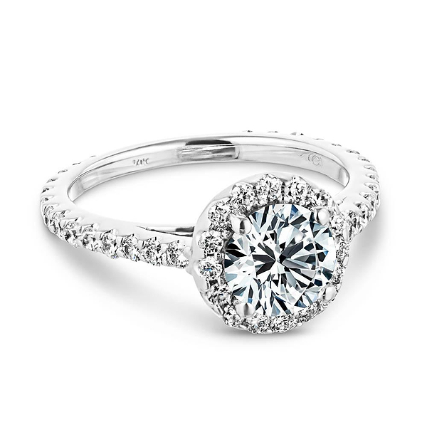 Shown with 1ct Round Cut Lab Grown Diamond in 14k White Gold|Elegant diamond accented halo engagement ring with 1ct round cut lab grown diamond in 14k white gold
