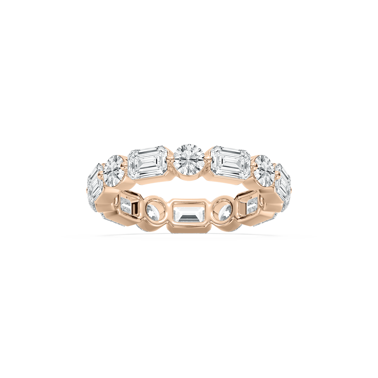 East West Emerald Round Eternity Ring in Rose Gold