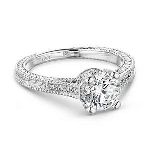 Antique style diamond accented engagement ring with 1ct round cut lab grown diamond in 14k white gold filigree detailed band