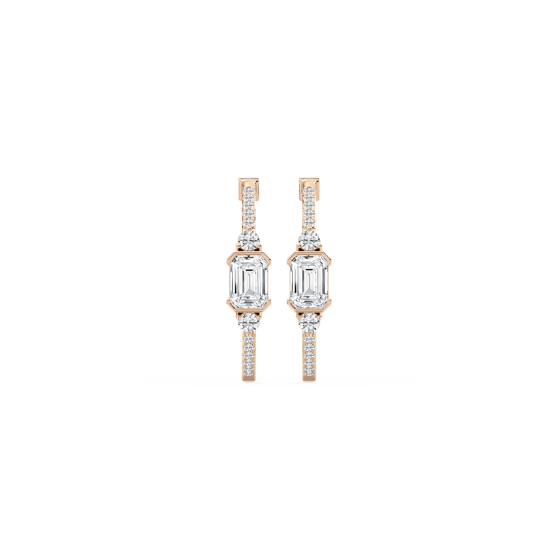 Emerald and Round Diamond Hoops in Rose Gold