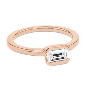 semi bezel solitaire engagement ring with east to west emerald cut center stone set in 14k rose gold