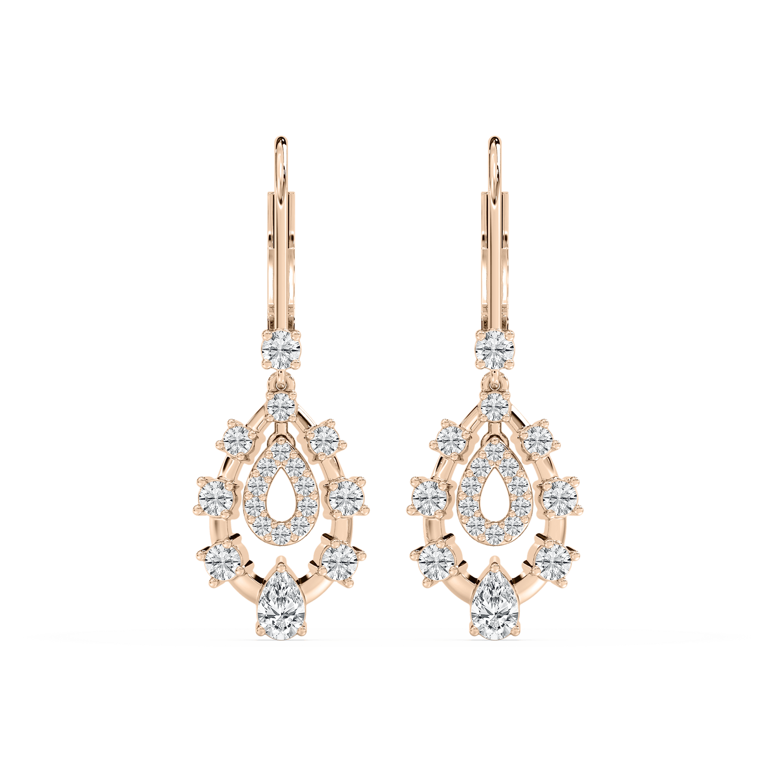 Graduated Pear and Round Diamond Dangles in Rose Gold