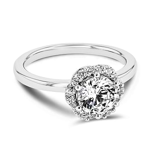 diamond halo engagement ring with round cut lab grown diamond center stone set in 14k white gold metal