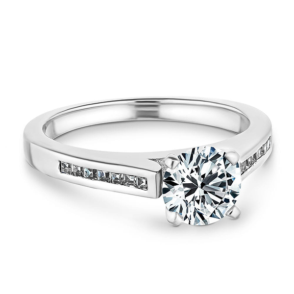 Shown with 1ct Round Cut Lab Grown Diamond in Platinum|Modern style diamond accented engagement ring with 1ct round cut lab grown diamond and channel set princess cut accenting side stones in platinum