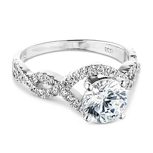 Unique twisted wavy engagement ring with diamond accented band and 1ct round cut lab grown diamond in 14k white gold
