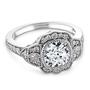 Unique antique style diamond accented halo engagement ring with 1ct cushion cut lab grown diamond in 14k white gold