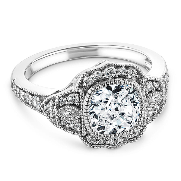 Shown with 1ct Cushion Cut Lab Grown Diamond in 14k White Gold|Unique antique style diamond accented halo engagement ring with 1ct cushion cut lab grown diamond in 14k white gold