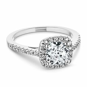 Vintage style diamond accented cushion shaped halo engagement ring with 1ct lab grown diamond in 14k white gold setting