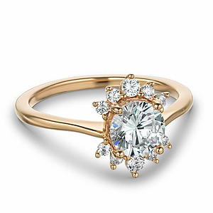 Nature inspired engagement ring with floral diamond halo design featuring 1ct round cut lab grown diamond in 14k rose gold