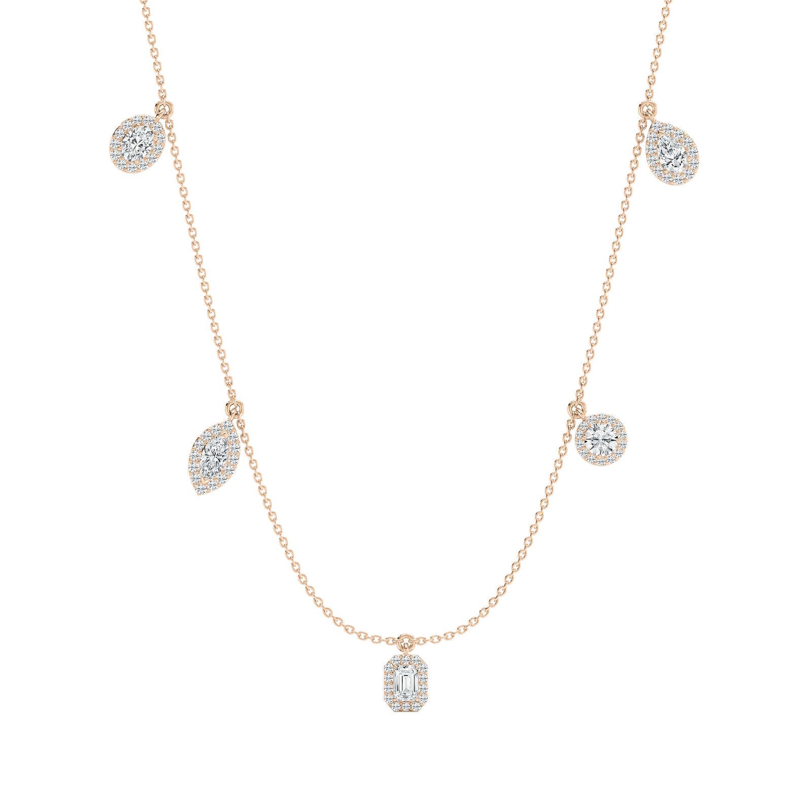 Multi-Shape Diamond Halo Necklace in Rose Gold