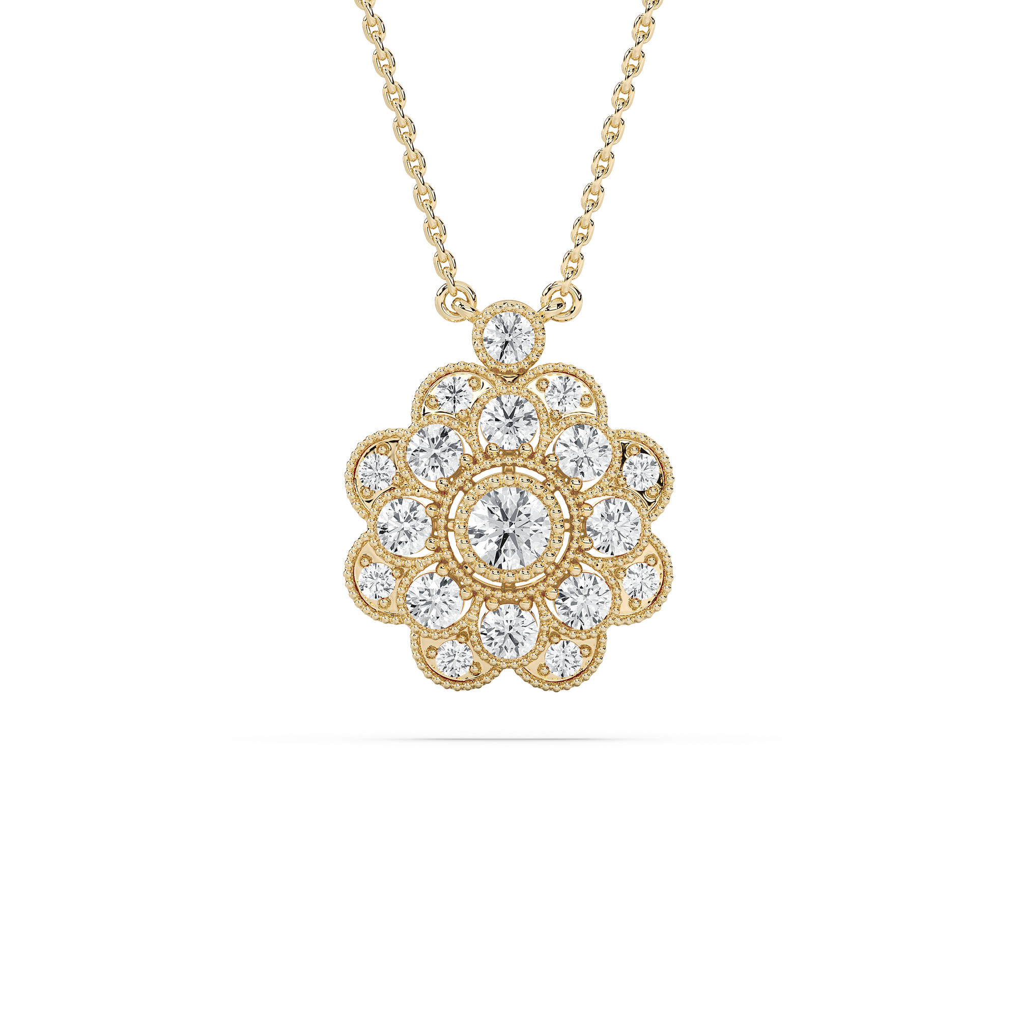 7/8 ctw Round Lab Grown Diamond Beaded Peony Pendant  - 18 Inches