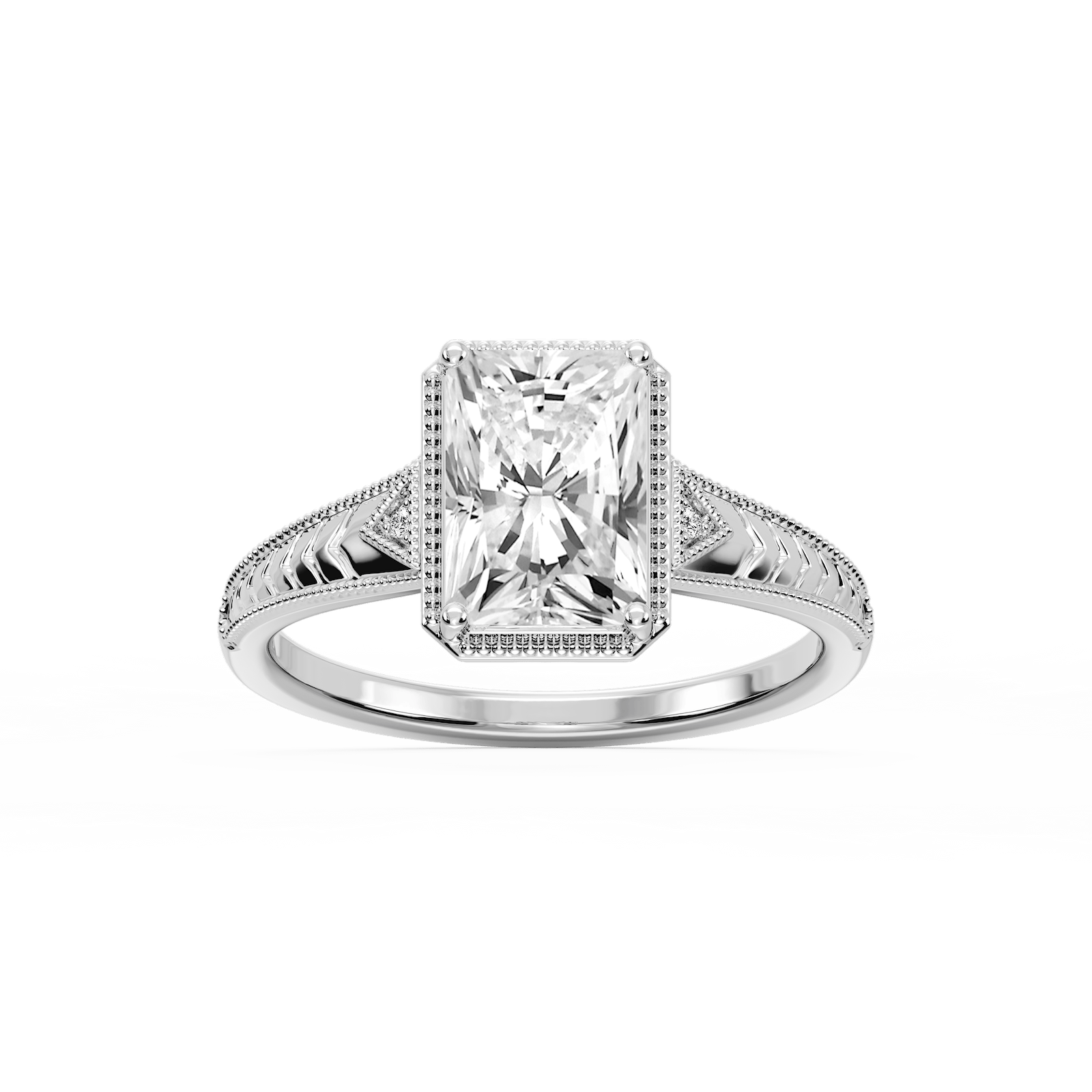 Florence Radiant Lab Grown Diamond Milgrain Bezel Three Stone Engagement Ring