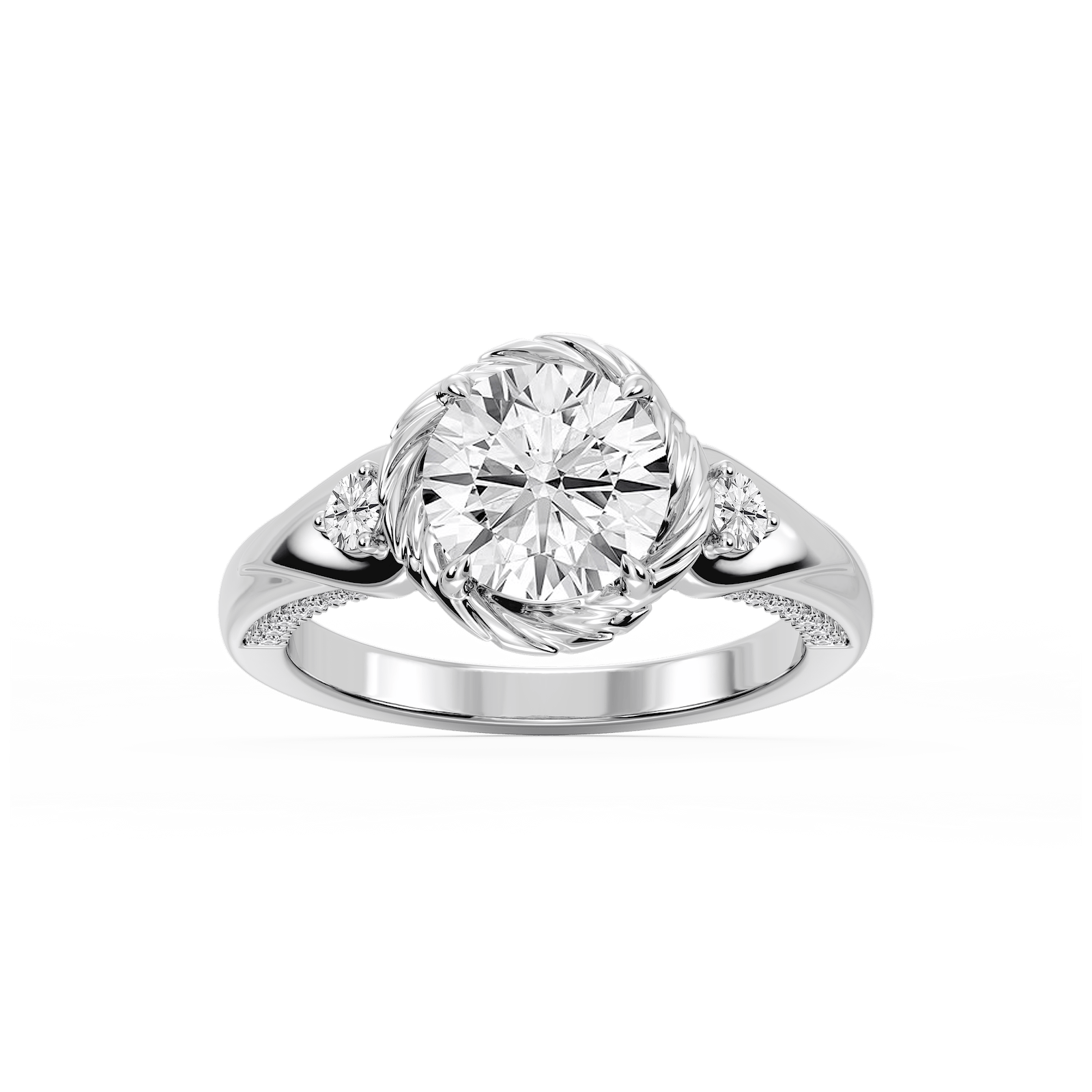 Mabel Round Lab Grown Diamond Swirl Halo Three Stone Engagement Ring