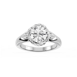 Mabel Round Lab Grown Diamond Swirl Halo Three Stone Engagement Ring