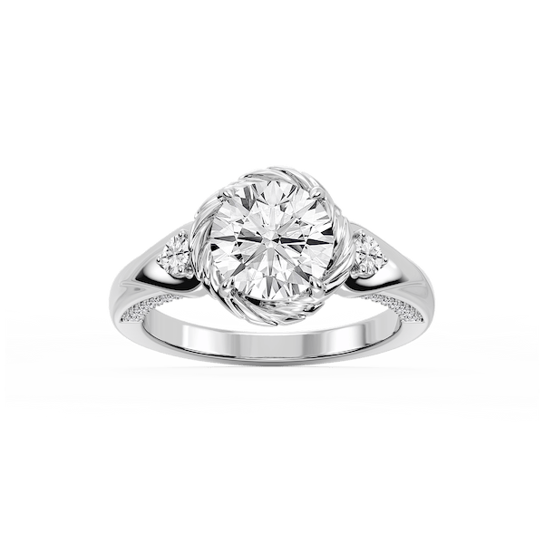 Mabel Round Lab Grown Diamond Swirl Halo Three Stone Engagement Ring