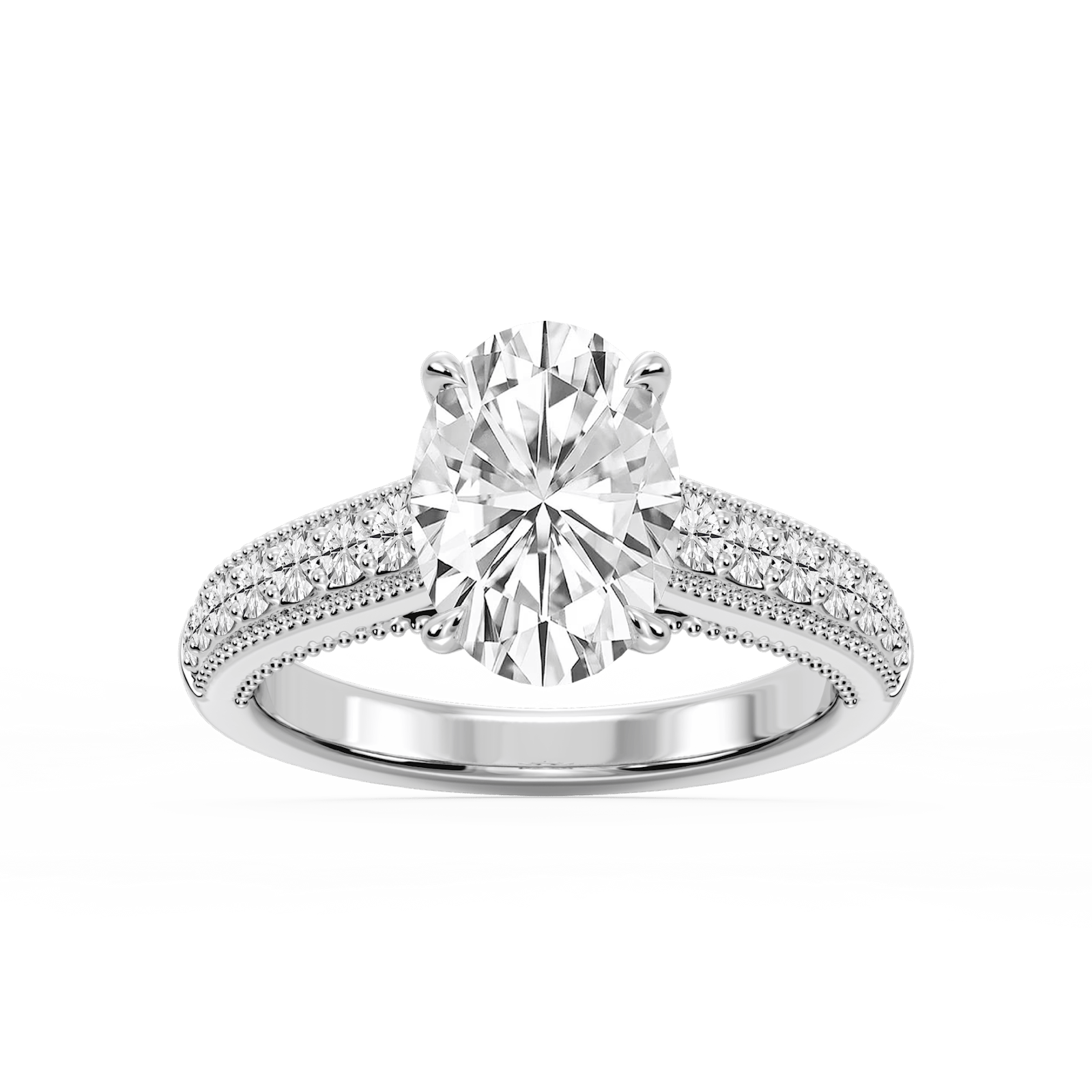 Veronica Oval Lab Grown Diamond Milgrain Channel Side Stone Engagement Ring