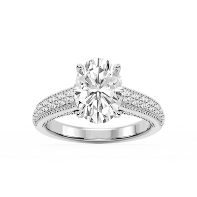 Veronica Oval Lab Grown Diamond Milgrain Channel Side Stone Engagement Ring