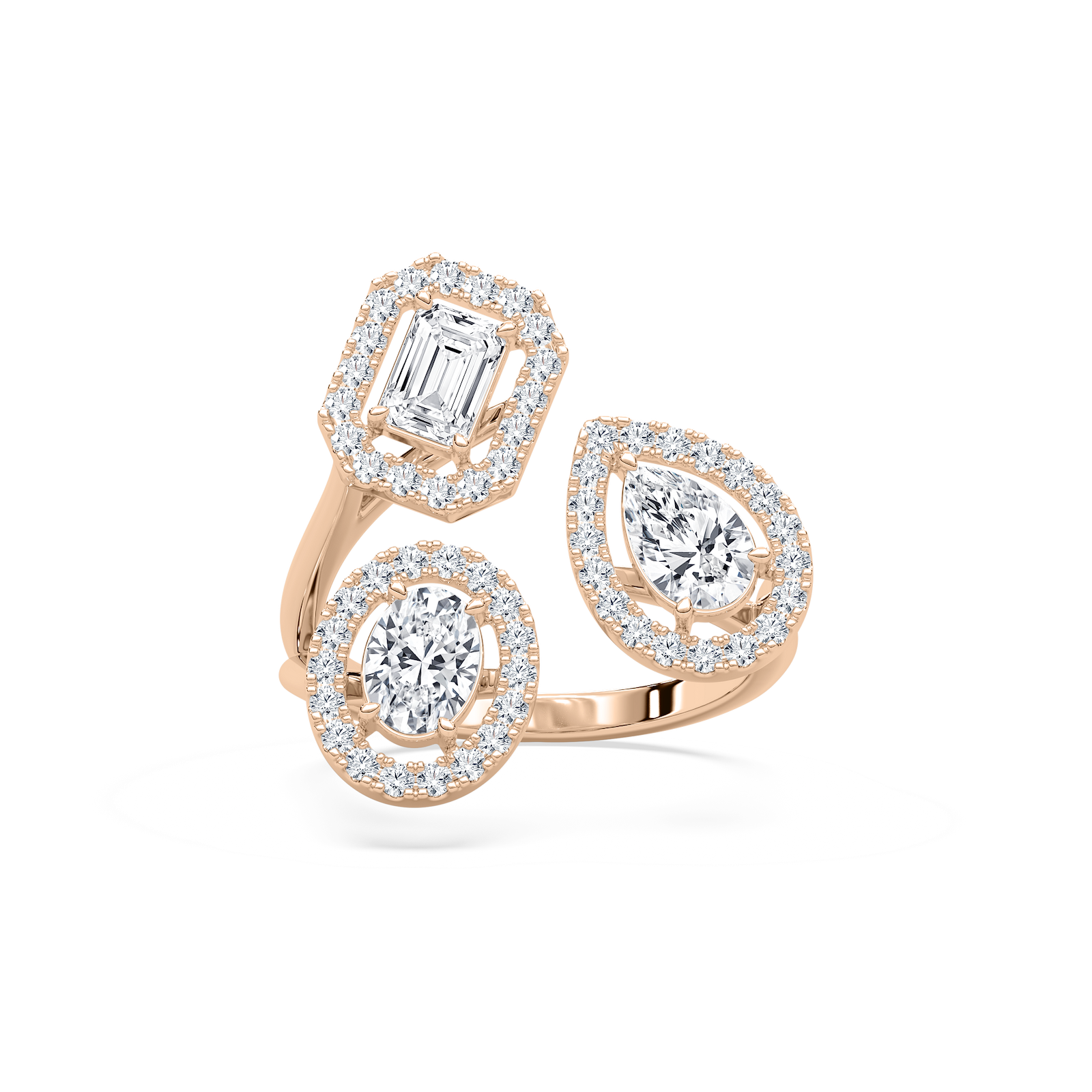 Three Stone Halo Fashion Ring in Rose Gold