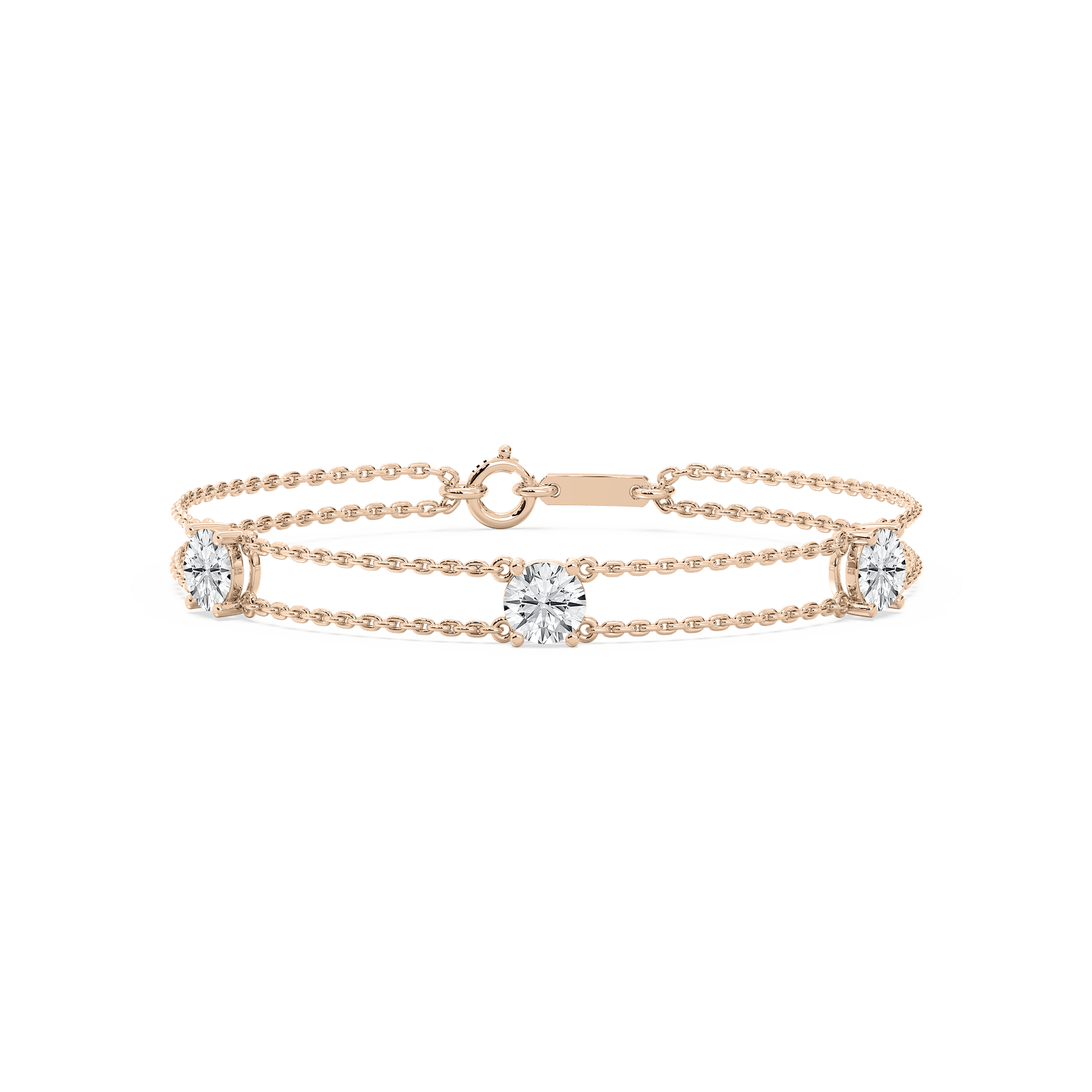 Three Stone Round Chain Bracelet in Rose Gold