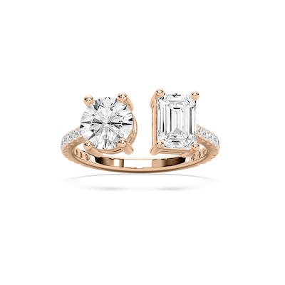 Toi et Moi Open Round and Emerald  Ring in Rose Gold