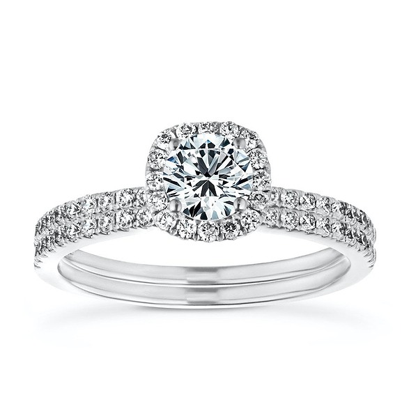Shown with a 1.0ct Round cut Lab-Grown Diamond with diamond accented halo and band in recycled 14K white gold with matching wedding band, can be purchased together for a discounted price | wedding set halo diamond accented Shown with a 1.0ct Round cut Lab-Grown Diamond with diamond accented halo and band in recycled 14K white gold with matching wedding band, can be purchased together for a discounted price