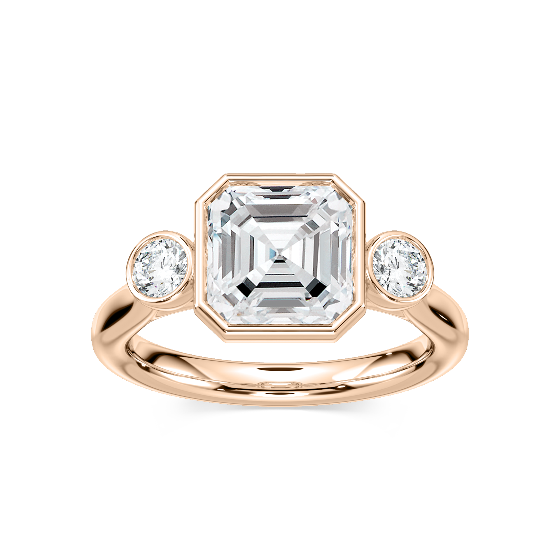 Nina 2 ½ ctw Asscher Lab Grown Diamond Bezel Set Three Stone Engagement Ring