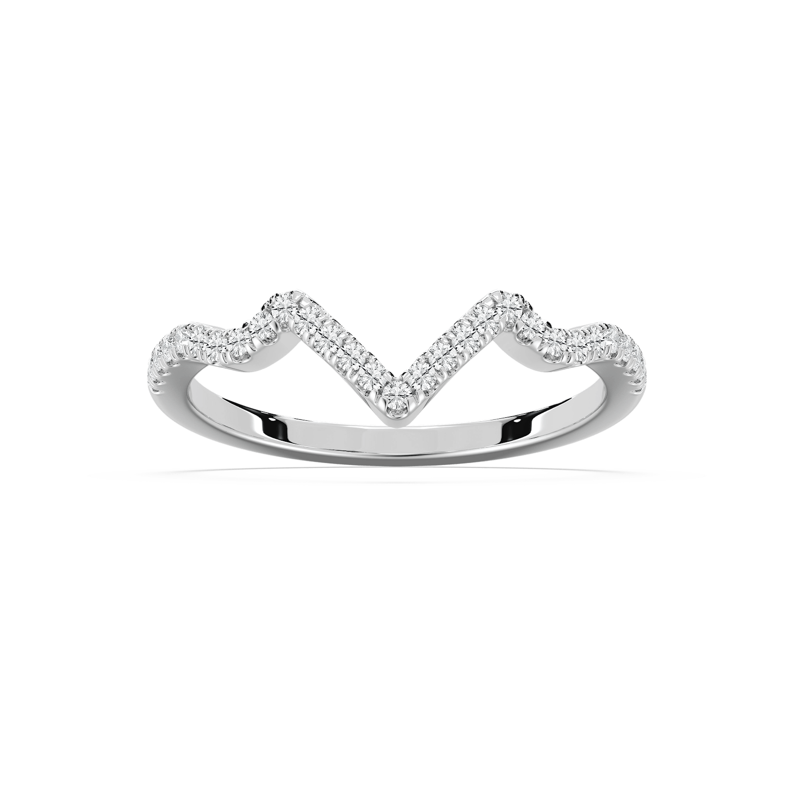 Shown in 14k White Gold|Unique lab grown diamond accented wavy v wedding band in 14k white gold
