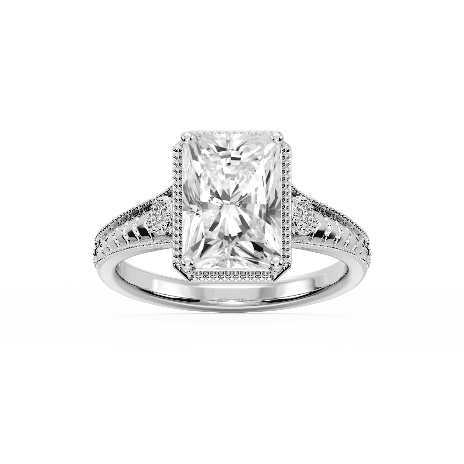 Alessia Radiant Lab Grown Diamond Vintage Bezel and Milgrain Side Stone Engagement Ring