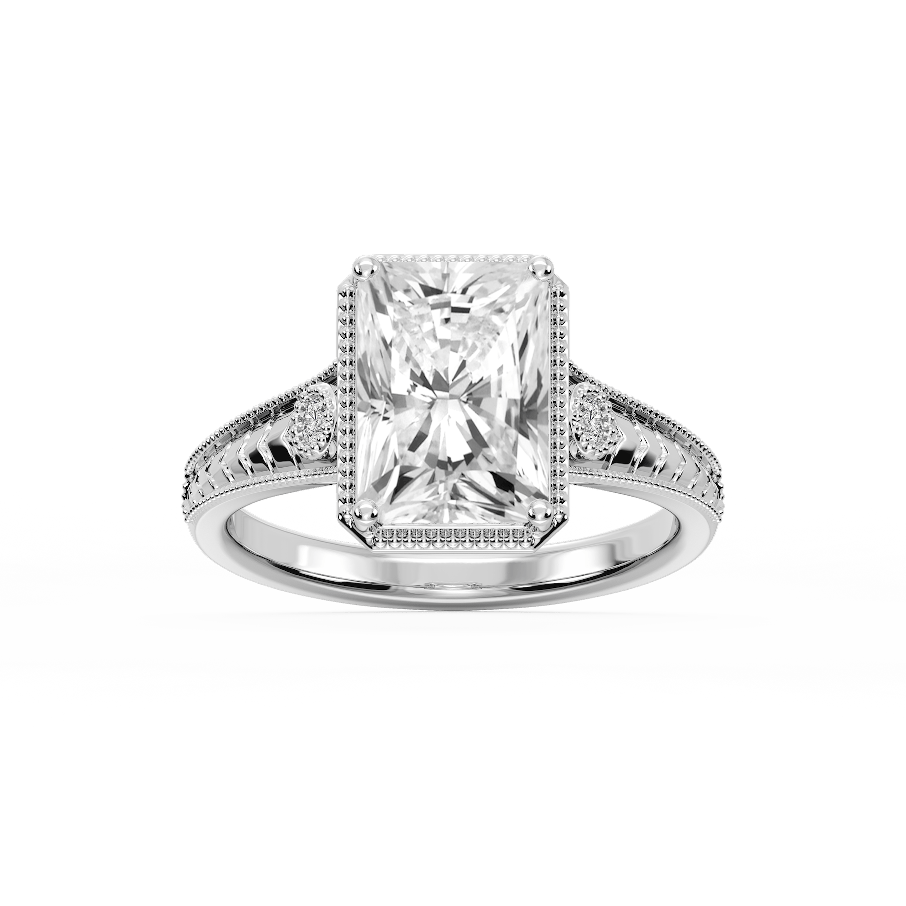 Alessia Radiant Lab Grown Diamond Vintage Bezel and Milgrain Side Stone Engagement Ring
