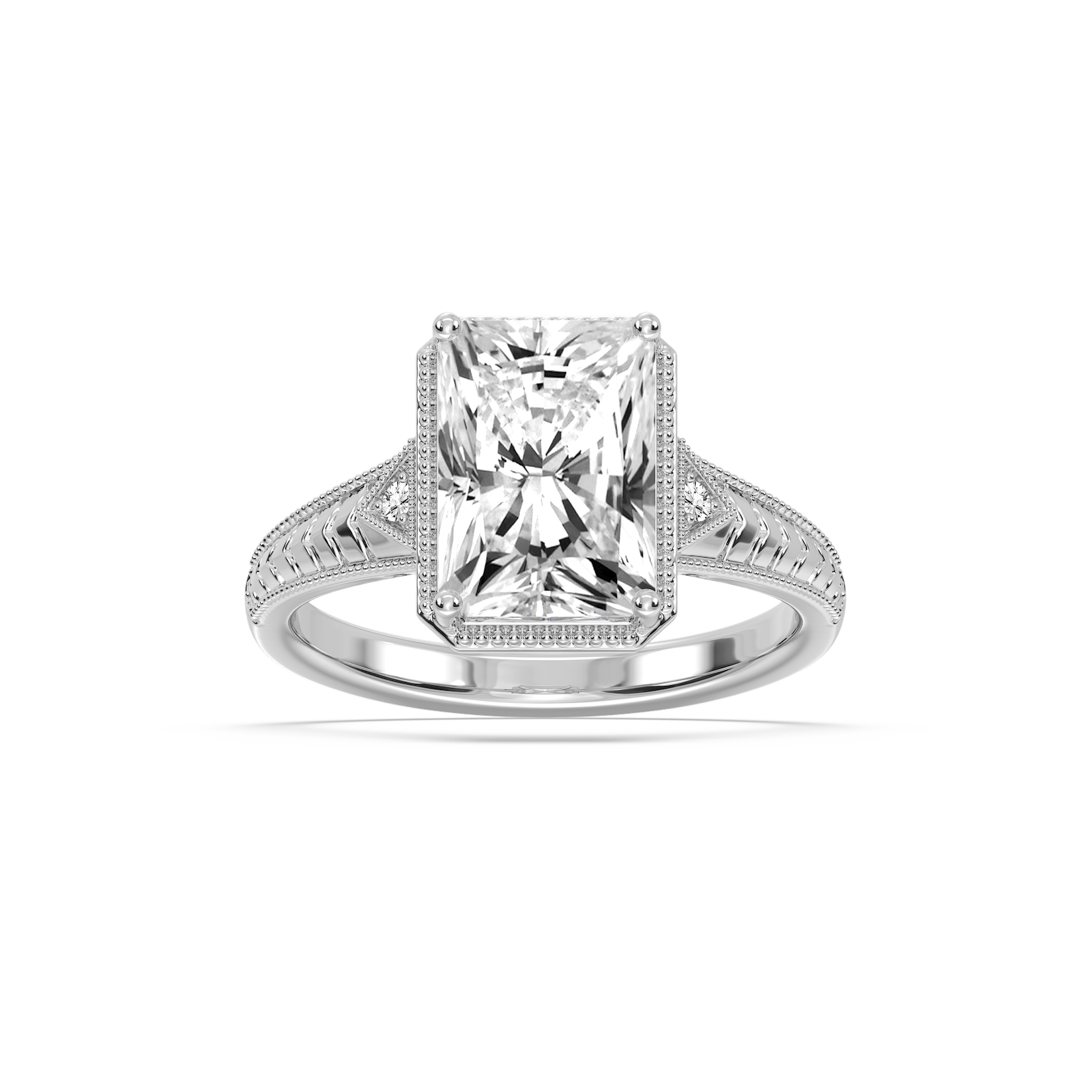 Alexandra Radiant Lab Grown Diamond Vintage Bezel and Milgrain Side Stone Engagement Ring